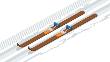 Isometric winter sports ski equipment on snowy background