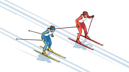 Isometric skiers racing downhill in vibrant winter gear