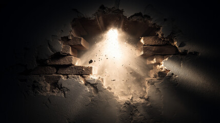 light breaking through cracked wall, hole in brick wall with sunlight, broken wall revealing hope
