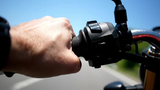 Rider's hand grips motorcycle throttle on open road under clear blue sky