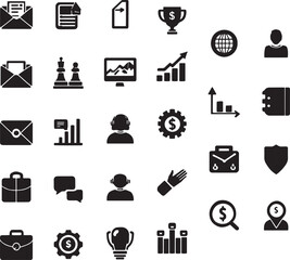 Set of black business and finance icons featuring vector symbols for web design, computer communication, money, bank, and email illustrations in a professional silhouette style.