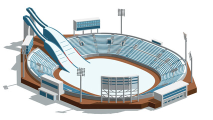 Isometric winter sports stadium with ski jump track and seating area