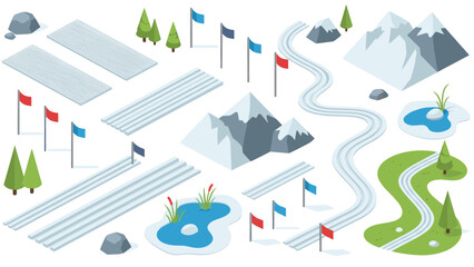Obraz premium Isometric winter sports and nature elements with mountains and ski tracks
