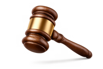Wooden gavel with golden band symbolizing justice, law, judgment, auction, and authority, on a transparent background