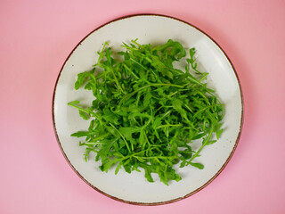 Top view fresh arugula arranged neatly on a plate as a simple healthy step by step salad recipe illustration. Pro photo