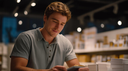 A retail clerk restocking shelves and scanning inventory with a handheld device, bright aisle lighting highlighting orderliness and product management. cinematic color correction, natural uneven