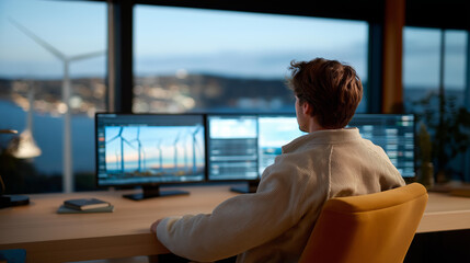 A control room operator monitoring multiple wind farms on a wall of live data dashboards, wind speed graphs animating as turbines respond — grid integration, energy forecasting, and real-time clean