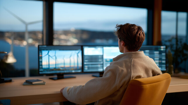 A control room operator monitoring multiple wind farms on a wall of live data dashboards, wind speed graphs animating as turbines respond — grid integration, energy forecasting, and real-time clean - Powered by Adobe