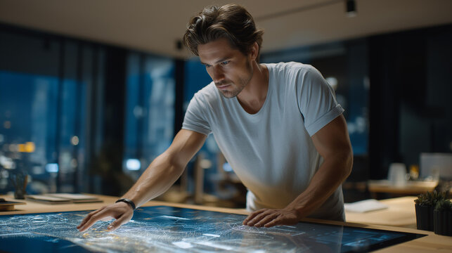 A startup founder presenting their digital platform on a glowing touchscreen in a modern office, holographic graphics rising above the table — tech innovation, SaaS solutions, and visionary - Powered by Adobe