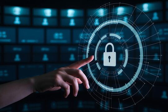 Hand interacting with secure digital lock symbol on virtual screen - Powered by Adobe