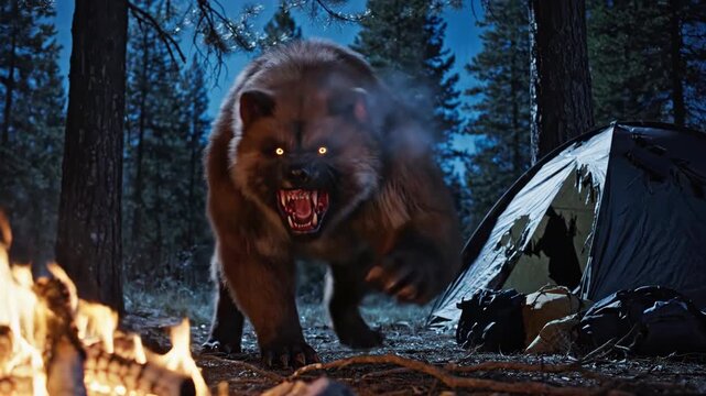 Horror monster creature with glowing eyes in a dark forest campground at night. Aggressive beast with fangs lunges towards the camera. Dangerous wilderness encounter