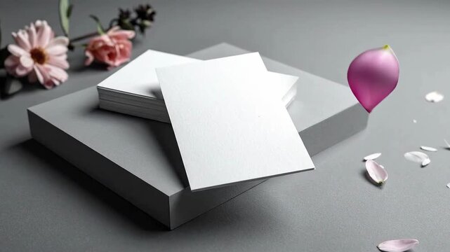 Minimalist Composition Featuring Blank White Cards Stacked on Gray Geometric Forms with Pink Flower and Petal Accents