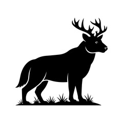 A black silhouette of a majestic deer with antlers standing in a field
