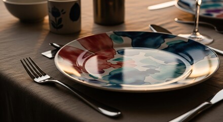 A table setting with a decorative plate, silverware, and glasses in a warm, natural light