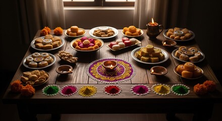 A table laden with Indian sweets, candles, rangoli and flowers