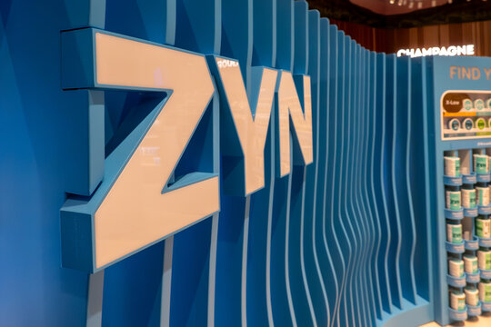 Stockholm, Sweden A display of Zyn nicotine pouches for sale at the Arlanda Airport Duty Free store.