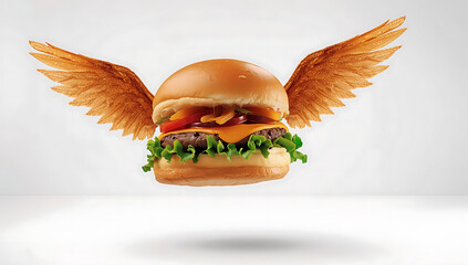 creative cheeseburger with crispy chicken wings styled like flying arms, combining humor and fast food fantasy to create a bold imaginative food concept with playful surreal presentation