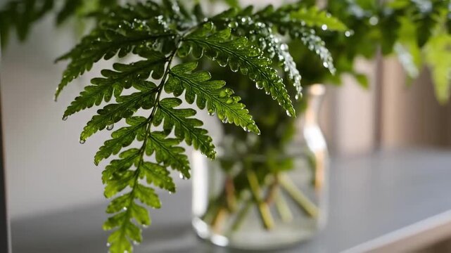 Lush Green Fern Fronds in Glass Vase Minimalist Interior Arrangement Still Life