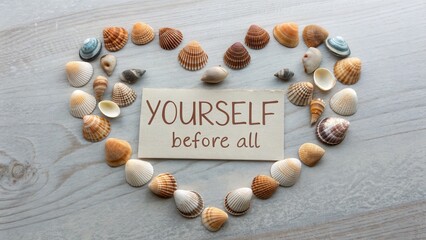 Seashells forming a heart around a card with a motivational message