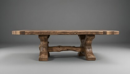 A rustic wooden table stands isolated on a gray background, showcasing its natural texture and wooden craftsmanship from a frontal viewpoint.