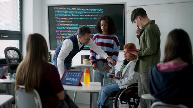 High school students working on robotics project with their teacher. Girl in wheelchair among them.