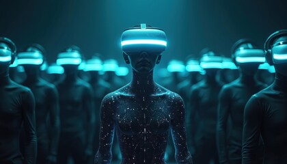 People wear VR headsets in a futuristic dark environment. They are connected virtually, exploring digital realms. Glowing neon lights enhance the cybernetic atmosphere, symbolizing future life.