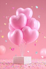 Pink heart balloons rise from box, confetti scatters