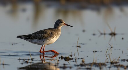 A wader bird with speckled plumage, orange legs, and a long beak wading in shallow water