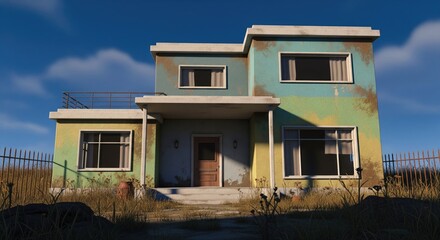 A weathered, colorful two-story house with a porch, set against a bright, cloud-filled sky