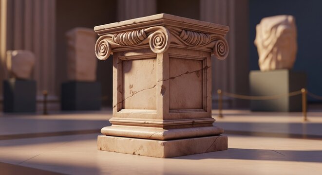 A weathered, ornate pillar capital sits in a sunlit museum, with sculptures in background
