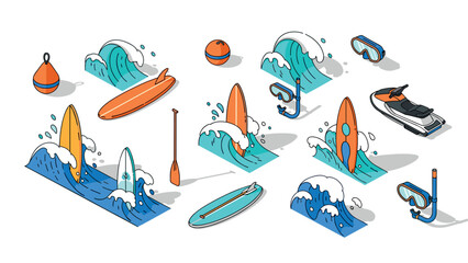 Vibrant isometric summer surfing equipment set with ocean waves and snorkeling gear