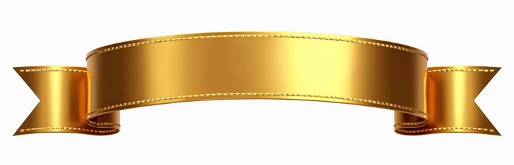 Shiny gold ribbon banner with stitched edges curves against white background. Blank space for text celebration award recognition event announcement.