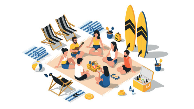 Isometric beach picnic gathering with friends and surfboards