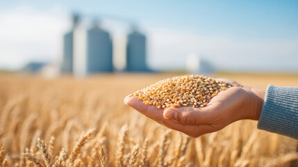Hand holding grains in a golden wheat field with silos in the background on a sunny day.