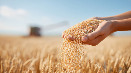 Hands pouring wheat grains in a golden field during harvest season under a clear blue sky.
