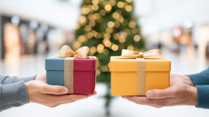 Two hands hold colorful Christmas gifts in a festive shopping environment, celebrating the joy of giving.