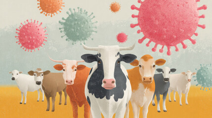 Illustration of cows with colorful virus representations in a surreal landscape.
