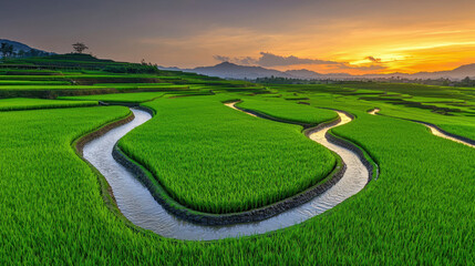 Lush green rice terraces illuminated by a stunning sunset over the rolling hills.