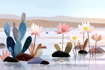 Lotus flowers & cactus in stylized watercolor landscape