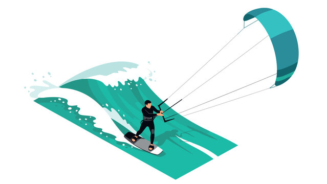Dynamic isometric kitesurfing adventure on ocean waves with kiteboard