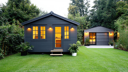 Modern black house and garage in a serene garden setting, illuminated at night.