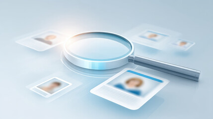 A magnifying glass focusing on profile photos, symbolizing scrutiny and attention to detail in business contexts.