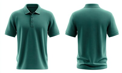 Two views of a teal, short-sleeved polo shirt
