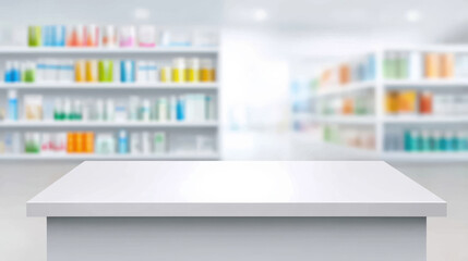 Modern pharmacy interior with shelves stocked with various medicine and health products.