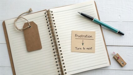 Open notebook with pen and paper describing frustration concept