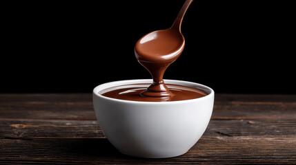 Rich, smooth chocolate sauce pouring from a spoon into a white bowl, perfect for desserts and culinary creations.
