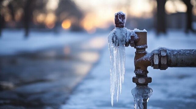 A close up view of a frozen water pipe with icicles hanging down on a cold winter day with the sun setting in the background