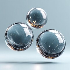Three clear spheres float, tiny lights sparkle inside