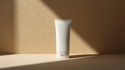 A white cosmetic tube on a beige surface with soft shadows