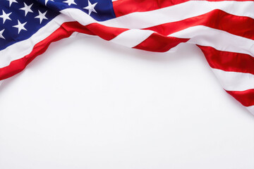 Waving American flag draped on a white background, symbolizing patriotism and freedom. isolated on white background.